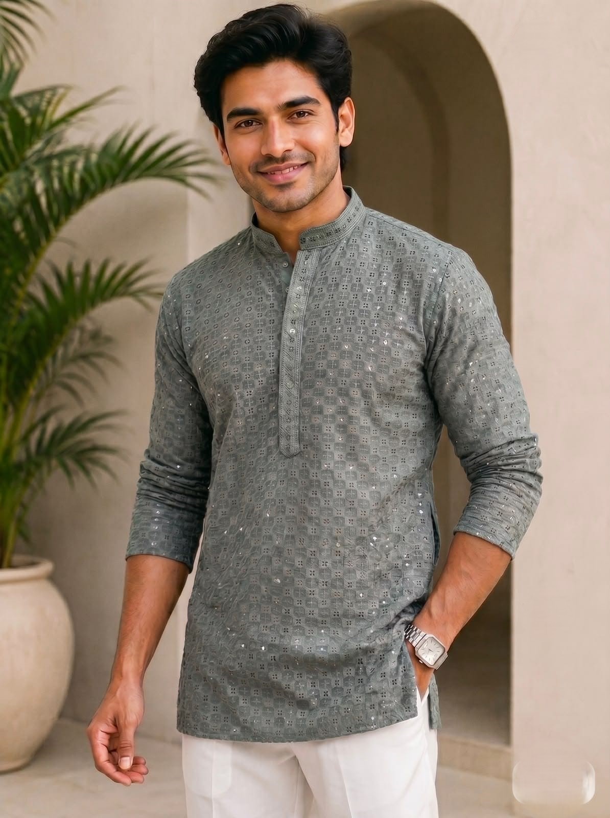 Stylish Chikan Work Fabric in  Full Sleeves Short kurta
